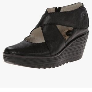 Fly London Leather Yogo Wedge Pump Black Size 38 = 7/7.5